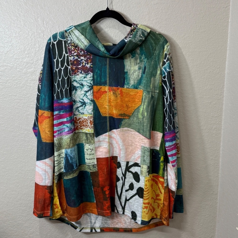 Shana Patchwork Cowl Neck Top XL Multi Color Artistic Boho Eclectic Pullover